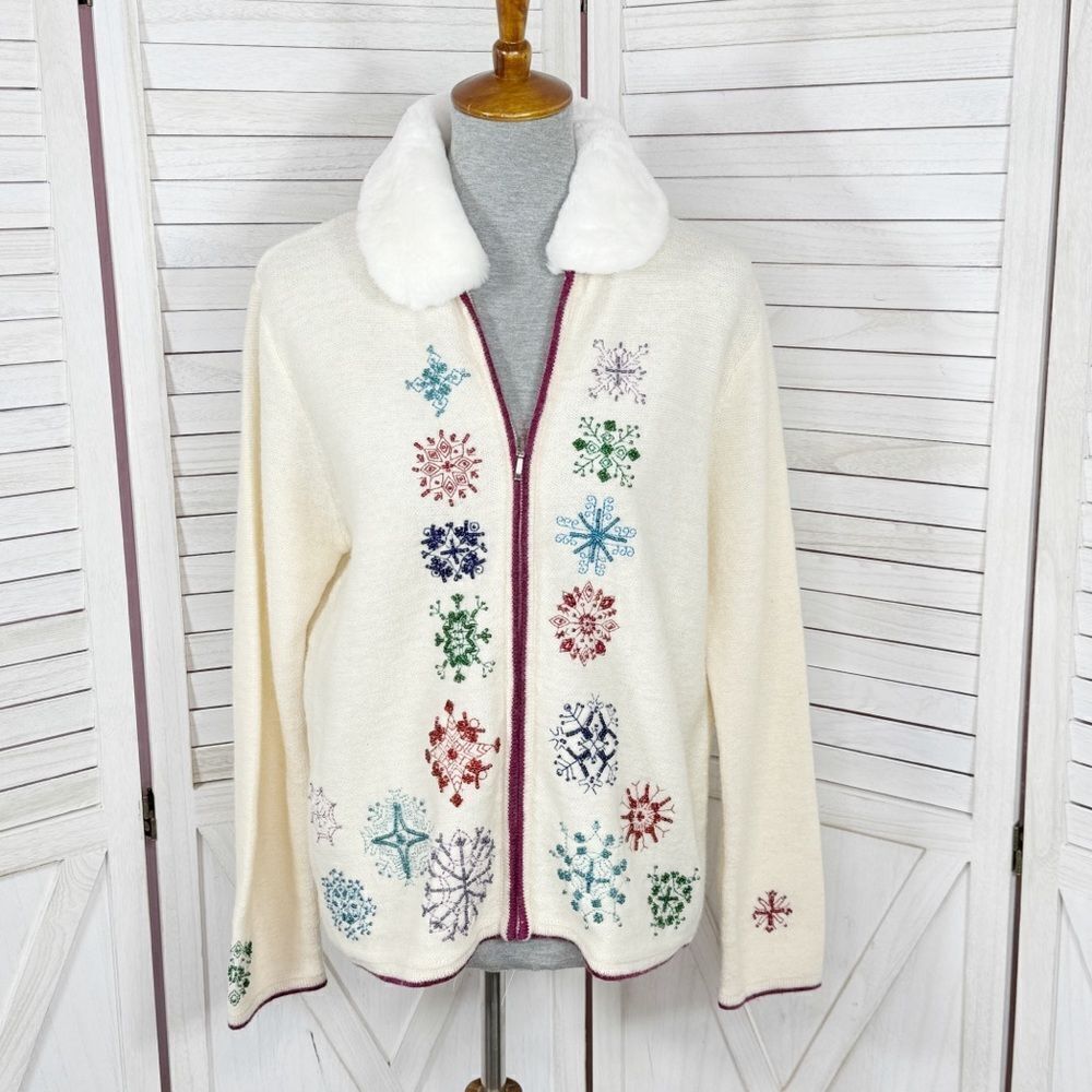 Karen Scott Vintage Snowflake Faux Fur Collar Wool Cardigan Sweater Cream Medium